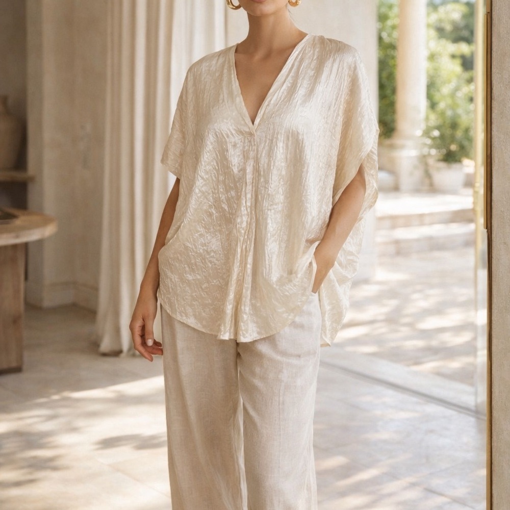 New Vince Ivory Crushed Texture Satin V Neck Blouse XXXL 3X Oversized Luxe Top
